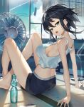  1girl :o ahoge arm_support bare_arms bare_shoulders black_hair black_shorts blue_eyes bottle breasts camisole crop_top electric_fan from_behind highres hot indoors knees_up large_breasts looking_at_viewer looking_back midriff open_mouth original shirt short_hair short_shorts shorts sidelocks sleeveless sleeveless_shirt solo spaghetti_strap sukocchi summer sweat thighs water_bottle white_shirt 