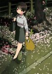  1girl absurdres bag bangs black_bag black_footwear black_hair black_skirt blush brown_bag collared_shirt full_body grey_shirt highres holding holding_bag leek long_hair long_sleeves original petals shadow shirt shoes shoulder_bag skirt solo walking zinbei 