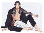  2boys abs akai_shuuichi arm_support arm_tattoo bangs barefoot black-framed_eyewear black_hair black_pants black_shirt blanket border brown_hair chest_tattoo cigarette closed_eyes closed_mouth collarbone commentary_request dragon_tattoo edogawa_conan feet fingernails full_body glasses green_eyes highres holding holding_cigarette k_(gear_labo) knee_up light_blush long_hair long_sleeves looking_at_another looking_down lying male_focus meitantei_conan multiple_boys on_side open_clothes open_shirt outside_border pants parted_lips pectorals shirt short_hair sitting sleeping sleeping_on_person smile smoke smoking tattoo toenails toes toned toned_male white_border 