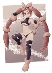  1girl bare_shoulders bikini black_bikini black_gloves breasts bright_pupils brown_hair closed_mouth full_body gen_4_pokemon gloves hands_up highres humanization lamb-oic029 long_hair looking_at_viewer lopunny medium_breasts navel paw_boots paw_pose pokemon red_eyes smile solo standing standing_on_one_leg swimsuit twintails underboob very_long_hair white_pupils 