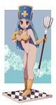  1girl :d bikini bikini_top blue_background blue_hair boots border bottomless breasts cross-section dragon_quest dragon_quest_iii full_body gloves hand_on_own_chest highres holding holding_weapon lamb-oic029 legs_together long_hair looking_at_viewer mace medium_breasts mitre navel open_mouth outside_border priest_(dq3) red_eyes smile solo standing swimsuit weapon white_border yellow_bikini yellow_footwear yellow_gloves 