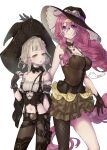  2girls black_gloves black_headwear blonde_hair braid braided_ponytail breasts briar_rose_(sinoalice) briar_rose_(sinoalice)_(cosplay) brown_legwear brown_pants closed_mouth cosplay costume_switch dorothy_(sinoalice) dorothy_(sinoalice)_(cosplay) fingerless_gloves glasses gloves goggles hat highres long_hair looking_at_viewer multiple_girls navel nightgown open_mouth pants purple_eyes purple_hair short_hair short_sleeves simple_background single_thighhigh sinoalice sleeveless small_breasts thighhighs twintails white_background witch_hat yellow_eyes 
