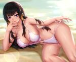  1girl bangs bare_shoulders beach black_hair breasts cleavage collarbone dead_or_alive dead_or_alive_5 hair_ornament highres hua-j large_breasts long_hair looking_at_viewer lying mole mole_under_mouth nyotengu o-ring on_side one-piece_swimsuit purple_eyes sidelocks smile solo swimsuit thighs white_swimsuit 