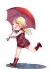  1girl :d bangs blonde_hair boots full_body hair_between_eyes hair_ornament hair_ribbon highres holding holding_umbrella little_red_riding_hood_(sinoalice) long_hair looking_up open_mouth red_shirt ribbon rubber_boots running shirt sinoalice sleeveless sleeveless_shirt smile solo teroru twintails umbrella wet_floor yellow_eyes 