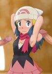  1girl 2boys armpits arms_behind_head beanie blue_eyes blue_hair blush closed_mouth commentary_request dawn_(pokemon) eyelashes hair_ornament hairclip hat hetero long_hair looking_up miraa_(chikurin) multiple_boys multiple_penises penis pink_scarf pink_skirt poke_ball pokemon pokemon_(anime) pokemon_dppt_(anime) raised_eyebrows scarf shirt skirt sleeveless sleeveless_shirt steam sweat white_headwear 