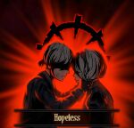  1boy 1girl absurdres bangs black_background black_blindfold black_dress black_gloves black_hairband blindfold commentary crossover darkest_dungeon dress english_text forehead-to-forehead from_side gloves hairband hands_on_another&#039;s_face highres light long_sleeves nier_(series) nier_automata red_background short_hair smile sorapoi upper_body weapon yorha_no._2_type_b yorha_no._9_type_s 