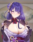  1girl absurdres bangs blurry blurry_background blush breasts bridal_gauntlets cleavage closed_mouth eyebrows_visible_through_hair genshin_impact hair_ornament highres japanese_clothes karacak kimono large_breasts long_hair long_sleeves looking_at_viewer mole mole_under_eye off_shoulder purple_eyes purple_hair purple_kimono raiden_(genshin_impact) sash smile solo upper_body 