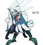  blurry bright_pupils claws commentary_request fang gen_7_pokemon grey_eyes legendary_pokemon morio_(poke_orio) no_humans number open_mouth pokedex_number pokemon pokemon_(creature) silvally skin_fang solo standing tongue white_pupils 