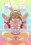  1boy 1girl absurdres animal_ears bangs brown_hair bunny_pose censored choker clothed_female_nude_male commentary_request eyelashes fake_animal_ears grey_eyes hairband hands_up hetero highres may_(pokemon) miraa_(chikurin) mosaic_censoring nude official_alternate_costume open_mouth pantyhose penis pink_choker pink_footwear pink_shirt pokemon pokemon_(game) pokemon_masters_ex pussy rolling_eyes sex shirt shoes short_sleeves sparkle spread_legs squatting_cowgirl_position star_(symbol) sweat tongue torn_clothes torn_legwear upper_teeth vaginal wrist_cuffs yellow_hairband yellow_legwear 