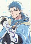  0343_u 1boy absurdres blue_hair capelet cigarette closed_mouth cu_chulainn_(caster)_(fate) cu_chulainn_(fate)_(all) earrings fate/grand_order fate_(series) floating_hair fur-trimmed_hood fur_trim grin highres holding holding_cigarette hood hood_down hooded_capelet jewelry long_hair looking_at_viewer male_focus multiple_earrings multiple_piercings red_eyes slit_pupils smile solo spiked_hair vambraces 