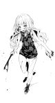  1girl :d black_eyes black_footwear blood blood_on_face blood_on_shoes bloody_knife bloody_weapon braid checkered checkered_skirt footprints full_body holding holding_knife knife little_red_riding_hood_(sinoalice) looking_at_viewer monochrome open_mouth shoes sinoalice sketch skirt sleeveless smile sneakers solo teroru twin_braids walking weapon white_background white_hair 