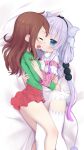  2girls arashiya ass beads bed bow brown_hair capelet closed_eyes dakimakura_(medium) dragon_girl dragon_horns dress face-to-face forehead green_shirt hair_beads hair_bow hair_ornament highres horns hug kanna_kamui kobayashi-san_chi_no_maidragon legs long_hair low_twintails lying miniskirt multiple_girls on_side open_mouth pink_dress red_skirt ribbon saikawa_riko shirt short_dress silver_hair skirt smile tail thighhighs thighs twintails white_capelet white_legwear yuri 