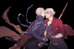  2boys belt black_background bleeding blood blood_from_mouth blood_on_face bloody_clothes bloody_weapon blue_coat blue_eyes blue_shirt coat coattails collarbone dante_(devil_may_cry) devil_may_cry_(series) devil_may_cry_5 facial_hair fingerless_gloves gloves hair_slicked_back hand_on_blade highres holding holding_sheath holding_weapon impaled jacket katana krab male_focus messy_hair multiple_boys red_jacket sheath shirt short_hair simple_background smile stab sword torn_clothes vergil_(devil_may_cry) weapon white_hair yamato_(sword) 