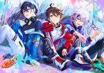  3boys :d ;d absurdres ahoge alternate_costume arm_support barcode black_hair blue_jacket blurry blurry_foreground blush bracelet brown_hair clothes_writing earrings eyebrows_visible_through_hair full_body fuwa_minato glasses graffiti grey_eyes hair_between_eyes hand_on_own_face headphones headphones_around_neck highres holding holding_eyewear hood hoodie huge_filesize jacket jewelry layered_clothing leaning_on_person leggings legwear_under_shorts letta_illust looking_at_viewer male_focus mayuzumi_kai multicolored_hair multiple_boys nijisanji off_shoulder one_eye_closed open_mouth paint_splatter pants pink_hair purple_eyes purple_hair purple_jacket red_hair red_jacket ring saegusa_akina shirt shoelaces shoes shorts silver_hair sleeves_past_wrists sleeves_pushed_up smile sneakers spread_legs streaked_hair striped t-shirt torn_clothes torn_legwear untied_shoe virtual_youtuber white_pants zipper 