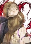  1girl bangs blonde_hair braid briar_rose_(sinoalice) brown_hood closed_eyes closed_mouth dress hair_between_eyes leg_up long_sleeves nightgown short_hair simple_background sinoalice solo teroru thorns white_background yellow_dress 