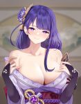  1girl absurdres bangs bare_shoulders blurry blurry_background blush breasts bridal_gauntlets cleavage closed_mouth collarbone eyebrows_visible_through_hair genshin_impact hair_ornament highres japanese_clothes karacak kimono large_breasts long_hair long_sleeves looking_at_viewer mole mole_under_eye off_shoulder purple_eyes purple_hair purple_kimono raiden_(genshin_impact) sash smile solo upper_body 