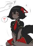  1girl animal_ear_fluff animal_ears barefoot black_hair black_tail blush buttons closed_eyes closed_mouth commentary_request dark-skinned_female dark_skin double-breasted flower hair_flower hair_ornament heart highres indie_virtual_youtuber leaning_forward military military_uniform motion_lines necktie red_flower red_neckwear red_skirt sakura_chiyo_(konachi000) sakuraba_chiyo short_hair short_sleeves signature simple_background sitting skirt smile solo_focus speech_bubble spoken_heart tail uniform v_arms very_dark_skin virtual_youtuber wariza white_background wing_collar 