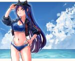  1girl bangs bikini black_headwear blue_bikini blue_eyes blue_hair breasts closed_mouth cloud day hand_on_headwear hand_on_hip hat jacket kantai_collection large_breasts long_hair multicolored_hair ocean official_alternate_costume outdoors ponytail red_hair sidelocks signature sky solo south_dakota_(kancolle) swimsuit visor_cap water white_hair wss_(nicoseiga19993411) 