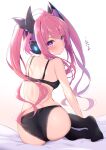  1girl ass bemani black_bra black_legwear black_panties bra from_behind grace_(sound_voltex) headphones lingerie long_hair looking_back mikaze_oto panties pink_eyes pink_hair simple_background sitting solo sound_voltex thighhighs twintails underwear underwear_only white_background 