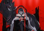  1girl bangs barbed_wire black_nails bob_cut cape chair champion_uniform cheek_pull commentary_request crossed_legs crown crown_removed eyelashes fur-trimmed_cape fur_trim gen_8_pokemon gloria_(pokemon) grin hand_up highres holding holding_crown kii_(kiiui) king_(vocaloid) knees legendary_pokemon leggings looking_at_viewer nail_polish pokemon pokemon_(creature) pokemon_(game) pokemon_swsh red_eyes shiny shiny_hair shirt short_hair short_sleeves sitting smile striped striped_legwear teeth throne vertical-striped_legwear vertical_stripes zamazenta zamazenta_(hero) 