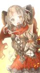  1girl absurdres attack bad_id bad_twitter_id bangs blonde_hair blunt_bangs blush dress elbow_gloves fishnet_armwear gloves gradient gradient_background hair_ornament hair_ribbon hairclip happy highres ill_games22 little_red_riding_hood_(sinoalice) looking_at_viewer open_mouth orange_eyes ribbon scarf sidelocks simple_background sinoalice solo wavy_hair 