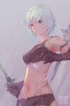  1girl absurdres android aqua_eyes armlet black_gloves black_shorts closed_mouth demozeroc elbow_gloves eyebrows_visible_through_hair gloves highres holding holding_sword holding_weapon huge_filesize joints katana midriff navel nier_(series) nier_automata robot_joints short_hair shorts signature solo sword virtuous_contract virtuous_treaty weapon white_hair yorha_type_a_no._2 