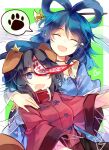  2girls :o ^_^ animal_ears bangs blue_dress blue_hair blue_headwear border breasts bright_pupils cabbie_hat closed_eyes dog_ears dress fang floral_print green_background hagoromo hair_ornament hair_rings hair_stick hand_on_another&#039;s_shoulder hat hat_ornament heart jiangshi kaku_seiga kutsuki_kai looking_at_viewer medium_breasts medium_hair miyako_yoshika multiple_girls ofuda open_clothes open_mouth open_vest outside_border outstretched_arms parted_bangs puffy_short_sleeves puffy_sleeves purple_eyes purple_hair red_shirt ringlets shawl shirt short_hair short_sleeves simple_background skin_fang smile spoken_paw star_(symbol) star_hat_ornament talisman touhou upper_body vest white_border white_vest zombie_pose |d 