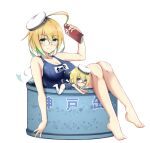  2girls bare_legs barefoot blonde_hair blue_eyes book breasts can error eyebrows_visible_through_hair glasses hair_between_eyes hat highres honma_(honmatomohiro) i-8_(kancolle) kantai_collection large_breasts looking_at_viewer low_twintails minigirl multiple_girls name_tag one-piece_swimsuit peaked_cap red-framed_eyewear sailor_hat school_swimsuit semi-rimless_eyewear swimsuit swimsuit_under_clothes tri_tails twintails under-rim_eyewear wading_pool wrong_feet 