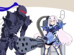  ... 1boy 1girl absurdres armor blush eyebrows_visible_through_hair fairy_knight_lancelot_(fate) fate/grand_order fate_(series) full_armor gatling_gun glowing_headgear gun headpiece heavy_machine_gun highres lancelot_(fate/zero) long_hair machine_gun patterned raisa23 simple_background speech_bubble sweatdrop tube weapon what 