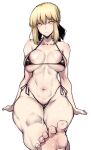  1girl absurdres areola_slip areolae artoria_pendragon_(all) bikini blonde_hair braid breasts eyebrows_visible_through_hair fate_(series) gggg hair_between_eyes highres large_breasts looking_at_viewer navel saber_alter shiny shiny_skin simple_background solo swimsuit white_background yellow_eyes 