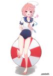 1girl absurdres ahoge blue_sailor_collar blue_swimsuit full_body hair_ornament highres i-58_(kancolle) kantai_collection lifebuoy looking_at_viewer momimaki necktie pink_hair pink_neckwear red_eyes sailor_collar sandals school_swimsuit school_uniform serafuku short_hair simple_background solo standing swimsuit swimsuit_under_clothes white_background 