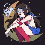  1girl bishoujo_senshi_sailor_moon blue_eyes blue_skirt boots brown_hair circlet closed_mouth cosplay crossover defense_of_the_ancients dota_2 edich-art elbow_gloves frown full_body gloves highres long_hair looking_at_viewer mirana moon night night_sky red_footwear sailor_moon sailor_moon_(cosplay) short_sleeves sitting skirt sky solo star_(sky) white_gloves 