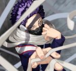  1boy bandages bangs black_eyes blue_hair blue_shirt blurry blurry_background boku_no_hero_academia commentary_request grey_background hands_up highres holding long_sleeves looking_at_viewer male_focus mask motion_blur mouth_mask multicolored_shirt purple_hair red_shirt shinsou_hitoshi shirt short_hair solo spiked_hair u.a._gym_uniform upper_body v-shaped_eyebrows white_shirt zakozako_y 