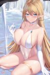  1girl bangs bare_shoulders bikini_pull blonde_hair blue_eyes blush braid breasts choker cleavage clothes_pull collarbone elbow_gloves elf feng_mouren gloves highres image_sample large_breasts long_hair looking_at_viewer navel original pixiv_sample pointy_ears solo thighs water white_gloves 