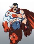  1boy absurdres arm_hair bara bare_pectorals black_hair blood blood_on_face blue_eyes bodysuit bulge cape chest_hair facial_hair feet_out_of_frame frown highres invincible_(series) large_pectorals leg_hair male_focus mature_male multicolored_hair muscular muscular_male mustache old old_man omniman pectorals pubic_hair pubic_hair_peek red_bodysuit red_cape ross_(doodlrenzo) short_hair solo thick_eyebrows torn_bodysuit torn_clothes two-tone_hair white_bodysuit wind 