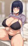  1girl absurdres bikini black_hair breasts cameltoe cleavage covered_nipples curvy highres huge_breasts hyuuga_hinata jmg large_breasts light_purple_eyes looking_at_viewer mature_female naruto naruto_(series) nipples plump purple_eyes short_hair sitting solo swimsuit thick_thighs thighs 