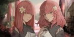  2girls absurdres bangs capelet closed_mouth commentary_request devola flower green_eyes hair_flower hair_ornament highres long_hair messy_hair multiple_girls nier nier_(series) nyx_erebus popola red_hair siblings sisters twins 