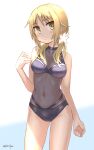  1girl bangs bare_arms bare_shoulders black_swimsuit blonde_hair blush breasts closed_mouth commentary_request eyebrows_visible_through_hair flower hair_flower hair_ornament hair_over_shoulder hand_up highres ichii_yui kirara_fantasia low_twintails medium_breasts one-piece_swimsuit signature solo sweat swimsuit twintails umiroku white_flower yellow_eyes yuyushiki 