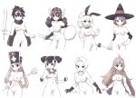  6+girls :d abs ahoge animal_ears antenna_hair bob_cut bow bowtie breasts brown_theme bunny_ears cape circlet closed_mouth cowboy_shot dagger dragon_quest dragon_quest_iii elbow_gloves fake_animal_ears female_pubic_hair fighter_(dq3) gloves hat helmet highres holding holding_dagger holding_polearm holding_shield holding_staff holding_sword holding_weapon jester_(dq3) jewelry knife lamb-oic029 large_breasts layered_gloves long_hair looking_at_viewer mage_(dq3) medium_breasts medium_hair monochrome multiple_girls necklace nipples nude open_mouth parted_lips pearl_necklace polearm priest_(dq3) pubic_hair reverse_grip roto sage_(dq3) shield short_hair simple_background small_breasts smile soldier_(dq3) staff sword thief_(dq3) thigh_gap twintails weapon white_background winged_helmet witch_hat 