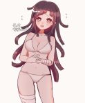  1girl ameko53133 apron bandaged_arm bandaged_leg bandages bangs bikini blush breasts cleavage collarbone cowboy_shot danganronpa_(series) danganronpa_2:_goodbye_despair danganronpa_s:_ultimate_summer_camp flying_sweatdrops grey_bikini hands_on_stomach highres leaning_to_the_side long_hair looking_at_viewer medium_breasts mole mole_under_eye navel open_mouth simple_background smile solo swimsuit translation_request tsumiki_mikan 