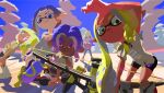  1boy 4girls asymmetrical_hair bow_(weapon) dark-skinned_female dark_skin green_hair highres inkling inoue_seita leaning_forward looking_at_viewer multicolored_hair multiple_girls octoling official_art pointy_ears pose purple_hair round_eyewear sitting smile splatoon_(series) splatoon_3 standing sunglasses tentacle_hair two-tone_hair weapon 