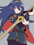  1girl armor bangs blue_eyes blue_hair blush cape do_m_kaeru falchion_(fire_emblem) fingerless_gloves fire_emblem fire_emblem_awakening gloves hair_between_eyes hair_ornament long_hair looking_at_viewer lucina_(fire_emblem) simple_background solo sword tiara weapon 