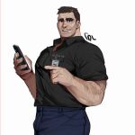  1boy absurdres arm_hair bara beard black_shirt blue_eyes blue_pants brown_hair bulge cellphone cowboy_shot facial_hair freckles genderswap genderswap_(ftm) highres holding holding_phone large_pectorals looking_at_viewer male_focus mature_male mole mole_under_eye muscular muscular_male pants partially_unbuttoned pectorals phone pointing ross_(doodlrenzo) samsung samsung_sam shirt short_hair sideburns smartphone smile solo stubble thick_eyebrows 