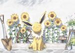  :3 absurdres blush closed_eyes closed_mouth commentary_request flower gen_1_pokemon highres jolteon nako_(nekono_shippo75) no_humans plant pokemon pokemon_(creature) potted_plant shovel sitting smile solo sunflower 