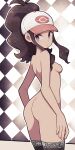  1girl ass back bare_shoulders baseball_cap blue_eyes breasts brown_hair checkered checkered_background curly_hair from_side hat high_ponytail highres hilda_(pokemon) lamb-oic029 long_hair looking_at_viewer looking_to_the_side nipples nude outline parted_lips pokemon pokemon_(game) pokemon_bw sideboob sidelocks sideways_glance small_breasts solo thighhighs white_outline 