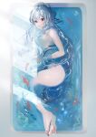  1girl arknights bangs barefoot bathing bathtub breasts commentary from_above full_body hair_between_eyes hair_censor highres long_hair looking_at_viewer looking_to_the_side lying medium_breasts mouth_hold nanaponi nude on_side partially_submerged red_eyes silver_hair skadi_(arknights) solo water 