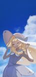  1girl bangs bare_arms blonde_hair blunt_bangs braid closed_eyes cloud collared_dress commentary_request day dress eyelashes floating_hair grin hands_on_headwear hat hat_ribbon highres kii_(kiiui) lillie_(pokemon) long_hair outdoors pokemon pokemon_(game) pokemon_sm ribbon sky sleeveless sleeveless_dress smile solo sun_hat teeth twin_braids white_dress white_headwear 