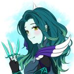  1girl armor bangs black_gloves blush closed_mouth colored_skin defense_of_the_ancients dota_2 fingerless_gloves gloves green_eyes green_hair green_skin highres holding holding_knife knife long_hair long_sleeves looking_at_viewer phantom_assassin_(dota) side_dish_meow smile solo 