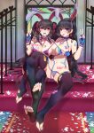  2girls animal_ears bikini black_hair black_legwear blue_bikini blue_gloves breasts bridal_legwear bunny_ears earrings fake_animal_ears feet fingerless_gloves girls&#039;_frontline gloves highres jewelry large_breasts long_hair multiple_girls navel popoman purple_bikini purple_eyes sitting string_bikini swimsuit thighhighs twintails type_95_(girls&#039;_frontline) type_97_(girls&#039;_frontline) untied untied_bikini very_long_hair 