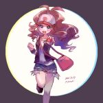  1girl :d antenna_hair bag baseball_cap brown_vest clenched_hand commentary_request dated floating_hair grey_shorts hat hilda_(pokemon) holding holding_poke_ball knees leg_up long_hair looking_at_viewer open_clothes open_mouth open_vest pink_bag poke_ball poke_ball_(basic) pokemon pokemon_(game) pokemon_bw purple_eyes ritsuki_mino shirt shoes short_shorts shorts shoulder_bag sidelocks sleeveless sleeveless_shirt smile solo tongue vest white_shirt wristband 